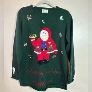 Quacker Factory Knit Christmas Holiday Sweater Santa Milk Cookies Green Medium